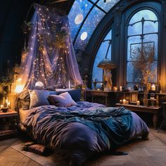 a large bed sitting under a window covered in lights