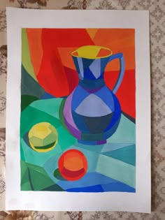 an abstract painting with blue and yellow vases on a tableclothed surface next to flowers