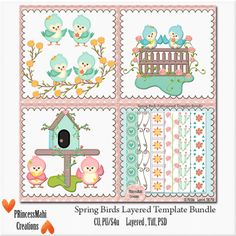 the spring birds layered template bundle is shown in four different colors and sizes, including pink,