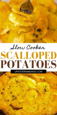 a spoon with some food on it and the words slow cooker scalloped potatoes