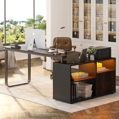 an office with a desk, chair and bookcase in the middle of the room