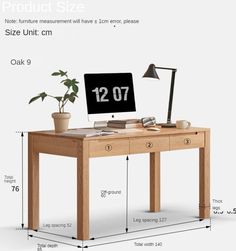 a desk with a computer on it and measurements for the table top, side by side