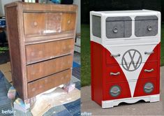 an old dresser has been painted red, white and blue to look like a vw bus