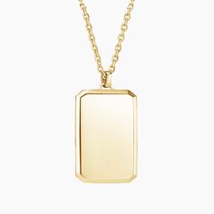 Homme Engravable Tag Pendant - 14K Yellow Gold. This rectangular 24-inch tag necklace with sleek beveled edges offers the chance to elevate your look with a personalized engraving on the front, backside, or both. 
 
 Homme, our unique men's line, is a signature design collection united by handsome bevels that modernize traditional masculine silhouettes with sleek, high polish edges. Design Collection, Minimalist Necklace, Signature Design, Tag Necklace, Eternity Ring, Quality Jewelry, Dog Tag Necklace, Pendant Jewelry, Mens Jewelry