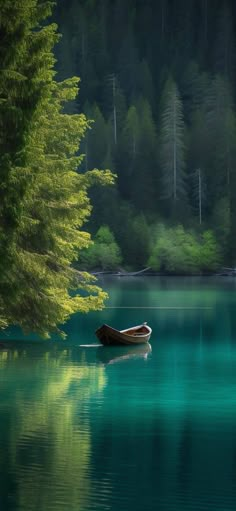 a small boat floating on top of a lake surrounded by green trees in the background