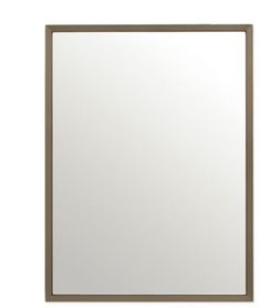 a square mirror with a brown frame on the bottom and an empty white wall behind it