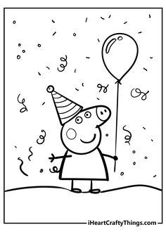 a pig with a party hat holding a balloon in the air coloring page for kids