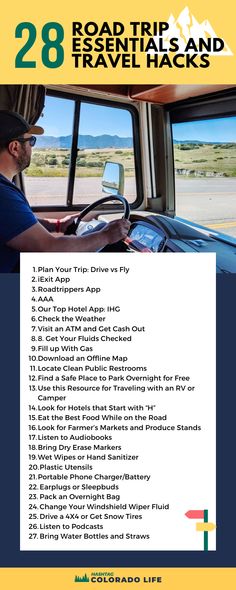 a man driving a bus with the text road trip and travel hacks on it