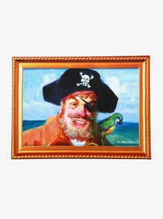 an oil painting of a man with a parrot on his shoulder and wearing a pirate hat