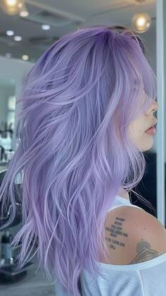 Lilac Hair With Dark Roots, Pastel Purple Hair Dark Roots, Light Vivid Hair Color, Purple Color Blocking Hair, Purple Toned Blonde Hair, Moonstone Hair Color, White Lavender Hair, Light Blue And Blonde Hair, Icy Purple Hair