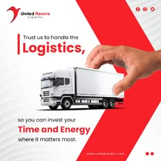 a hand holding a truck with the words, trust us to handle the logistics, so you can invest your time and energy where it matters most