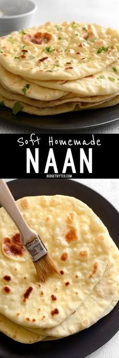 homemade naan bread on a black plate with a spatula in it and the words soft homemade naan overlay