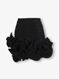 Introducing the downtown skirt, cut from luxurious crepe fabric. Featuring spliced folds, a high waist, and a slimming fit. Elegant and designed to sculpt an hourglass shape. Luxury Voluminous Flared Mini Skirt, Elegant Ruched Skirt For Night Out, Chic Black Draped Skirt With Ruched Detail, Silk Asymmetrical Skirt For Night Out, Chic Black Ruched Draped Skirt, Black Ruched Bottoms For Evening, Chic Evening Draped Pencil Skirt, Chic Ruched Evening Skirt, Pleated Draped Skirt For Evening