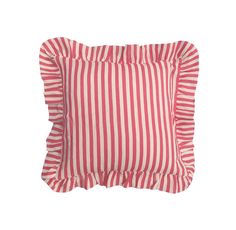 a pink and white striped pillow with ruffles on the front, sitting against a white background