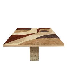 a wooden table with an abstract design on the top and bottom, sitting against a white background