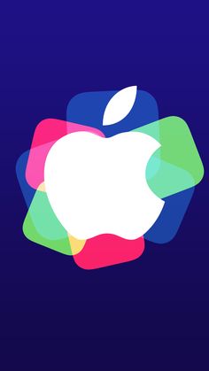 an apple logo on a blue background with different colored shapes and colors in the bottom corner