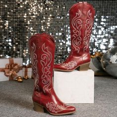 Gorgeous Red & White Womens Embroidered Leather Knee-Hi Chunky Heeled Boots Side-Zipper Upper Material: Pu Leather Lining Material: Fabric Insole Material: Pu Leather Outsole Material: Tpr Knee High Wedge Boots, Womens Red Shoes, Cowboy Design, Womens Suede Boots, Burgundy Boots, Metallic Boots, Womens Chunky Heels, Embroidered Leather, Zipper Boots