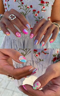 Fun Nail Patterns, Nail Inspo Summer Design, Summer Nails Maximalist, London Nails Aesthetic, Mismatched Summer Nails, Different Pattern Nails, Maximalist Short Nails, All Different Nails, Mix And Match Nails Design