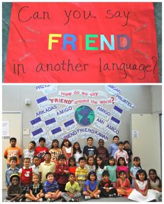 two pictures side by side, one with children and the other has a sign that says can you say friend in another language?