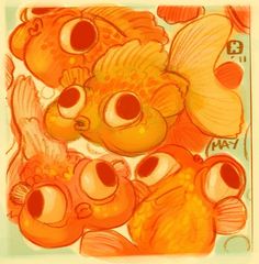 an orange and yellow painting with fish on it's face, surrounded by smaller goldfish