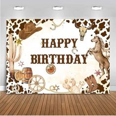 an image of a happy birthday sign with horses and cowboy hats on it's head