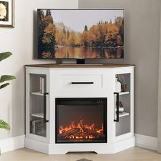 an entertainment center with a fireplace and television