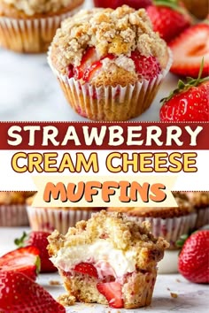 strawberry cream cheese muffins with strawberries in the background and text overlay