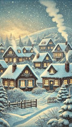 a painting of snow covered houses and trees