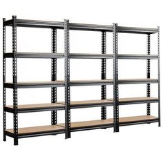 an empty metal shelving unit with four shelves and two wooden shelves on each side