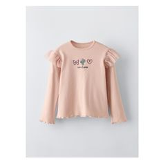 EMBROIDERY AND RUFFLES RIB T-SHIRT Shirt Blouses Tops, Cardigan Sweater Jacket, Tshirt Skirt, Embroidered Tshirt, Knitwear Cardigan, T Shirt Vest, Shirt Skirt, Dress Codes, Pale Pink