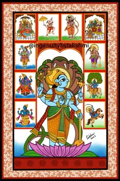 an image of lord ganesha with many avatars in the center and symbols on it