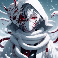 an anime character with white hair and red eyes wearing a mask, holding a snake wrapped around his neck