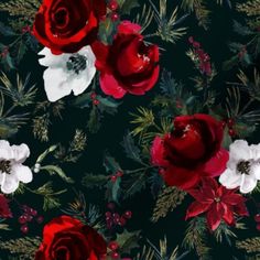 red and white flowers with green leaves on a black background seamless wallpaper pattern