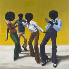 three black women dancing in front of a yellow wall, with one woman holding the other's hand