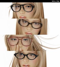 three different images of a woman with glasses on her face and hands in front of her face