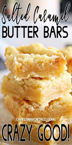 salted caramel butter bars stacked on top of each other with text overlay