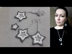 a woman is standing next to some necklaces and earring sets with stars on them