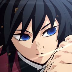 an anime character with blue eyes and black hair