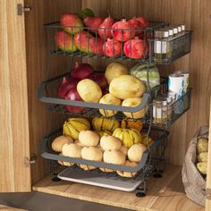 an open cabinet filled with fruits and vegetables