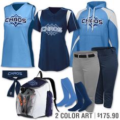 two color softball uniforms with matching backpacks and back packs for sports fans to wear