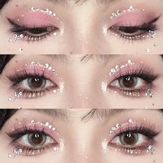 Make Up Concert, Korean Sparkly Makeup, Sparkly Douyin Makeup, Eyeshadow With Rhinestones, Korean Sparkle Eye Makeup, Makeup Concert, Japanese Skin Care