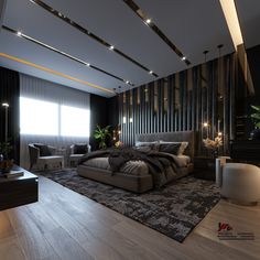 a modern bedroom with black and white decor