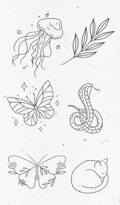 four different types of drawings on paper with some animals and butterflies around them, all in black and white