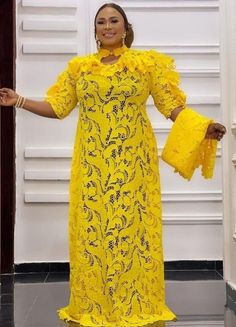 Boubou lace kaftan Madam Lace Gown Styles, Yellow Lace Dress For Party, Yellow Lace Maxi Dress For Party, Yellow Evening Kaftan, Yellow Lace Patchwork Dresses, Yellow Party Dress With Lace Patchwork, Yellow Lace Dresses With Lace Patchwork, Long Sleeve Maxi Dress With Lace Work For Evening, Evening Long Sleeve Maxi Dress With Lace Work