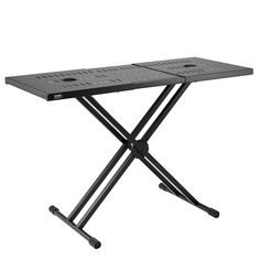 a small folding table with wheels on the bottom and one foot resting on it's side