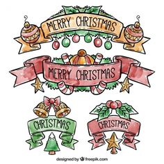 christmas banners and ribbons with ornaments on them, all in watercolors or ink