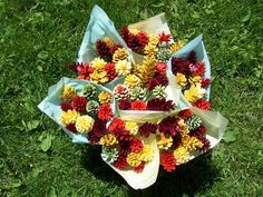 a bouquet of flowers sitting on top of a green grass covered field with pine cones