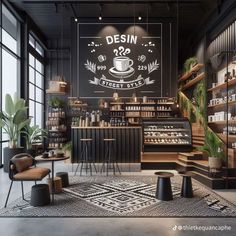 the interior of a coffee shop with black and white decor