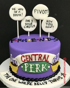 a purple cake with white frosting and some conversation bubbles on top that say, pivot