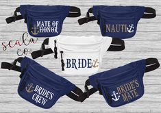 four bride and groom fanny bags with the names of their wedding party, made of navy blue